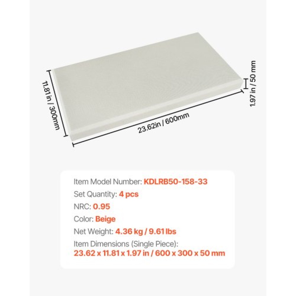VEVOR 4 ΤΕΜ Ακουστικά πάνελ, 2 ιντσών πάχους 23,6 x 11,8 ιντσών, ηχοαπορροφητικά πάνελ από υαλοβάμβακα, αυτοκόλλητες ηχομονωτικές σανίδες τοίχου, για στούντιο, γραφείο, οικιακό κινηματογράφο, αίθουσα συσκέψεων, μπεζ