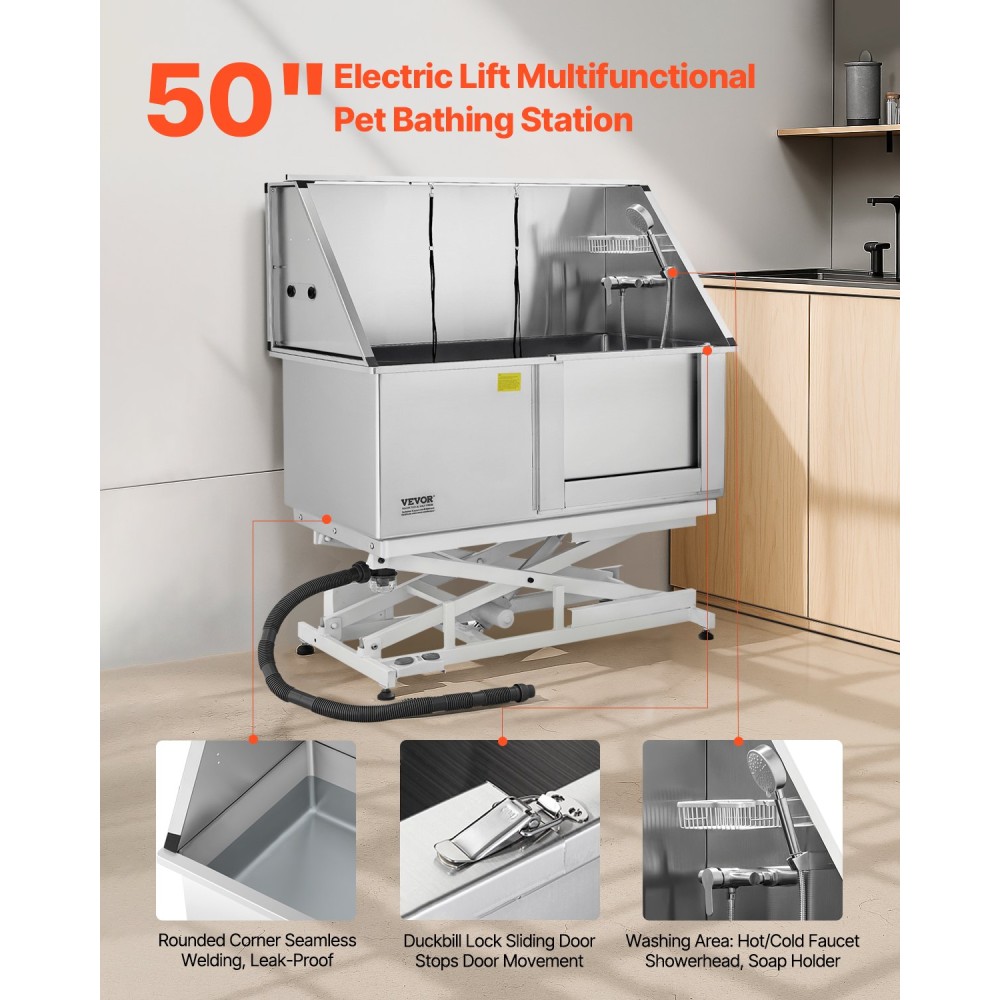 Σταθμός πλυσίματος σκύλων VEVOR Electric Lift, Επαγγελματική μπανιέρα περιποίησης κατοικίδιων από ανοξείδωτο ατσάλι 127 cm με σανίδα φίλτρου νερού PE, βρύση και νιπτήρας ντουζιέρας σκύλου για πολλά κατοικίδια (δεξιά πόρτα)