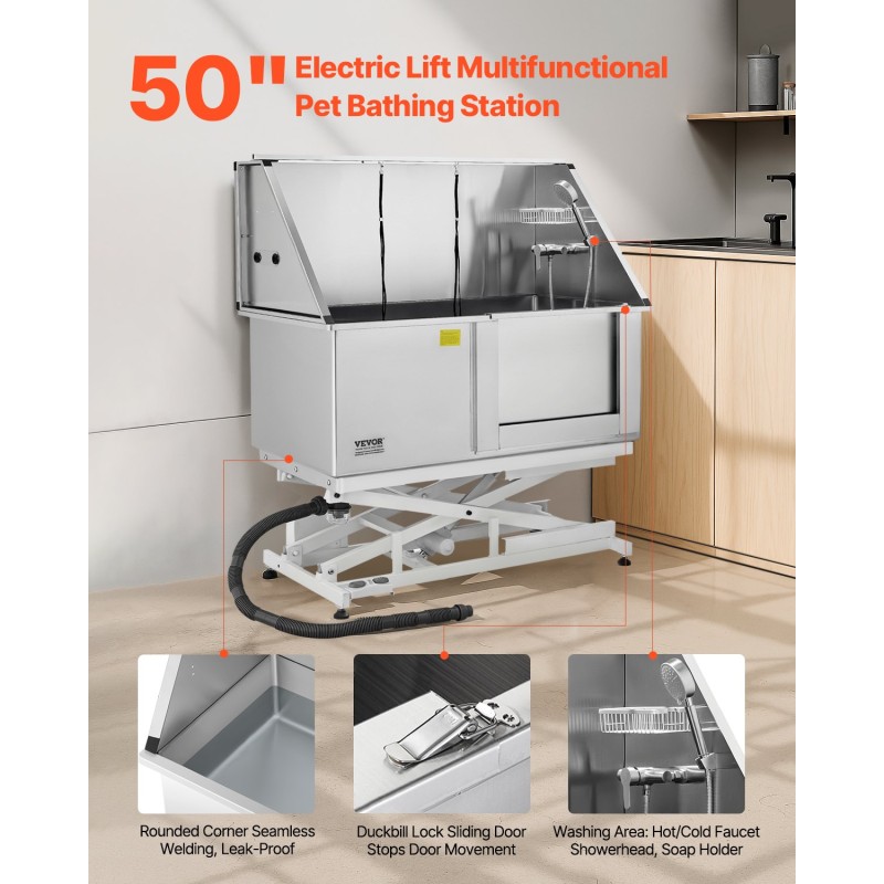 Σταθμός πλυσίματος σκύλων VEVOR Electric Lift, Επαγγελματική μπανιέρα περιποίησης κατοικίδιων από ανοξείδωτο ατσάλι 127 cm με σανίδα φίλτρου νερού PE, βρύση και νιπτήρας ντουζιέρας σκύλου για πολλά κατοικίδια (δεξιά πόρτα)