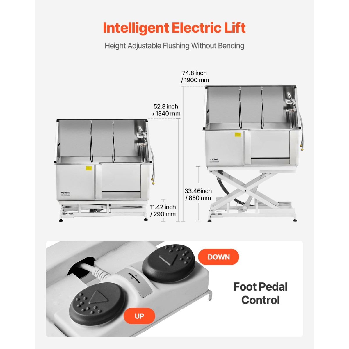 Σταθμός πλυσίματος σκύλων VEVOR Electric Lift, Επαγγελματική μπανιέρα περιποίησης κατοικίδιων από ανοξείδωτο ατσάλι 127 cm με σανίδα φίλτρου νερού PE, βρύση και νιπτήρας ντουζιέρας σκύλου για πολλά κατοικίδια (δεξιά πόρτα)