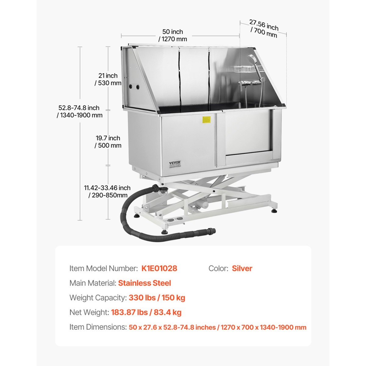 Σταθμός πλυσίματος σκύλων VEVOR Electric Lift, Επαγγελματική μπανιέρα περιποίησης κατοικίδιων από ανοξείδωτο ατσάλι 127 cm με σανίδα φίλτρου νερού PE, βρύση και νιπτήρας ντουζιέρας σκύλου για πολλά κατοικίδια (δεξιά πόρτα)
