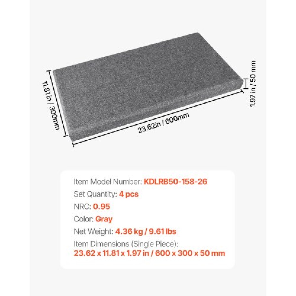 VEVOR 4 ΤΕΜ Ακουστικά πάνελ, 2 ιντσών πάχους 23,6 x 11,8 ιντσών Ηχοαπορροφητικά πάνελ από υαλοβάμβακα, αυτοκόλλητες ηχομονωτικές σανίδες τοίχου, για στούντιο, γραφείο, οικιακό κινηματογράφο, αίθουσα συσκέψεων, γκρι