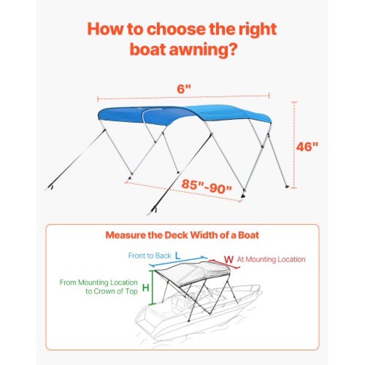 VEVOR 3 Bow Boat Bimini Tops, 600D Polyester Canopy με σκελετό από κράμα αλουμινίου, Αδιάβροχο & Sun Shade σκίαστρο σκάφος με τσάντα αποθήκευσης, 2 κοντάρια στήριξης, 4 λουράκια, 72"Lx(85"-90")Wx46"H, Pacific Blue