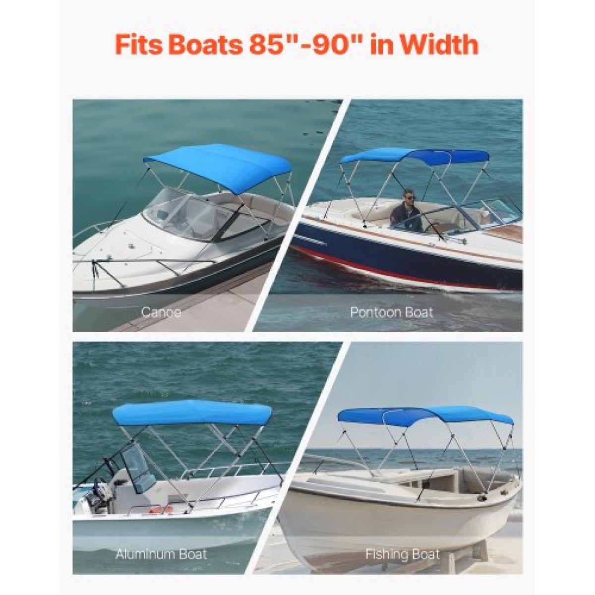 VEVOR 3 Bow Boat Bimini Tops, 600D Polyester Canopy με σκελετό από κράμα αλουμινίου, Αδιάβροχο & Sun Shade σκίαστρο σκάφος με τσάντα αποθήκευσης, 2 κοντάρια στήριξης, 4 λουράκια, 72"Lx(85"-90")Wx46"H, Pacific Blue