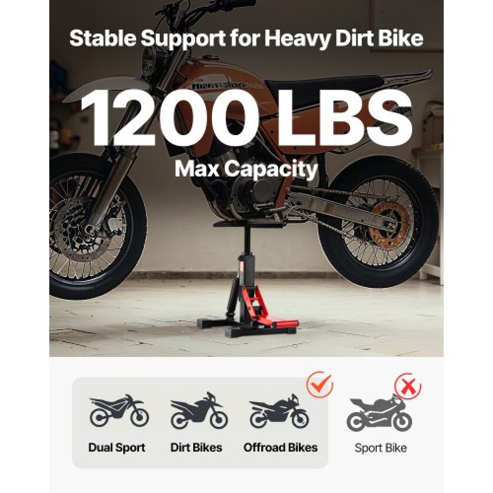 VEVOR Dirt Bike Lift Stand, Μοτοσικλέτα Jack Lift Stand χωρητικότητας 1200 lbs και λειτουργία υδραυλικής ανύψωσης, τραπέζι ανυψωτικού ρυθμιζόμενου ύψους 9,8"-18,3" για επισκευή Dirtbike, συντήρηση, αξεσουάρ Dirt Bike