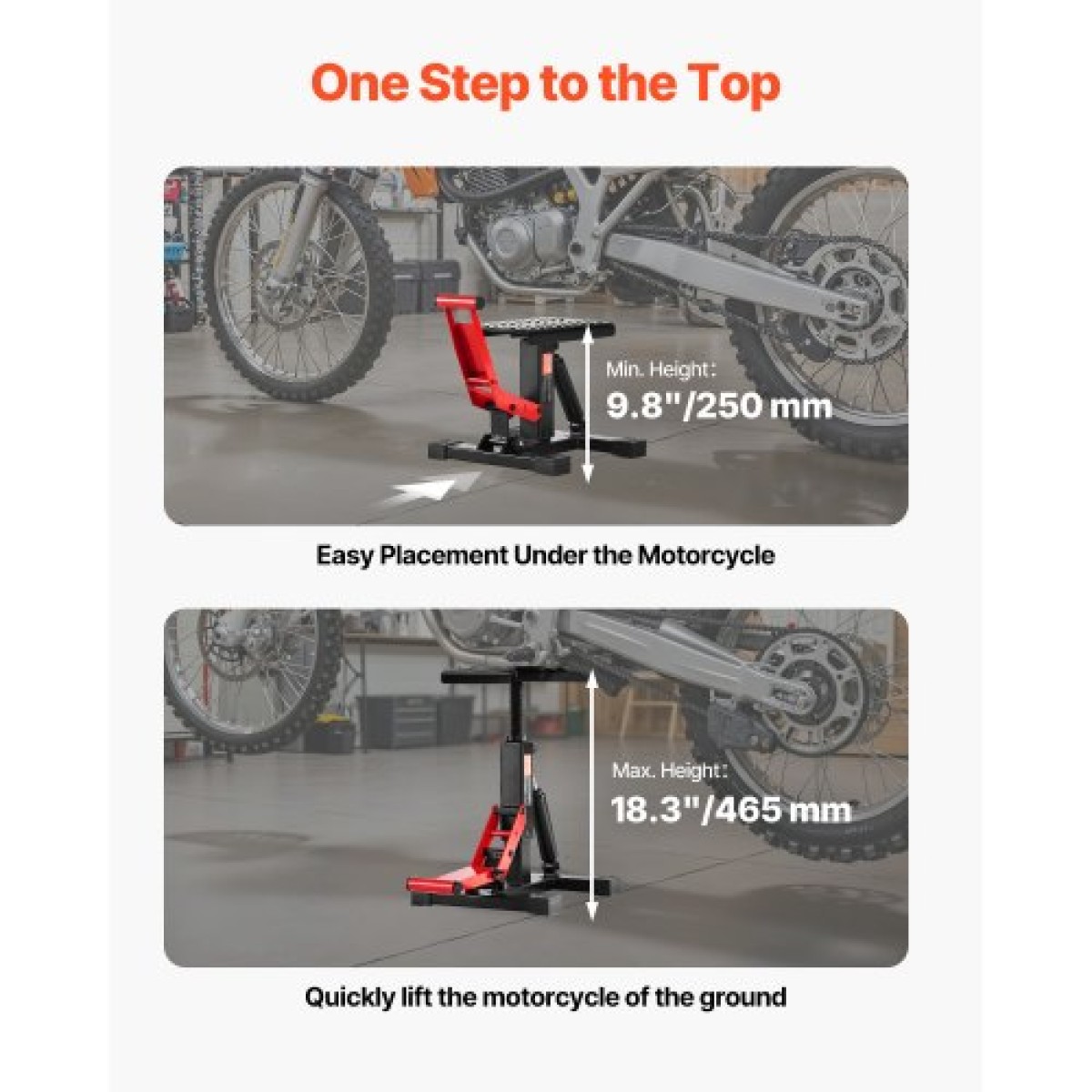 VEVOR Dirt Bike Lift Stand, Μοτοσικλέτα Jack Lift Stand χωρητικότητας 1200 lbs και λειτουργία υδραυλικής ανύψωσης, τραπέζι ανυψωτικού ρυθμιζόμενου ύψους 9,8"-18,3" για επισκευή Dirtbike, συντήρηση, αξεσουάρ Dirt Bike