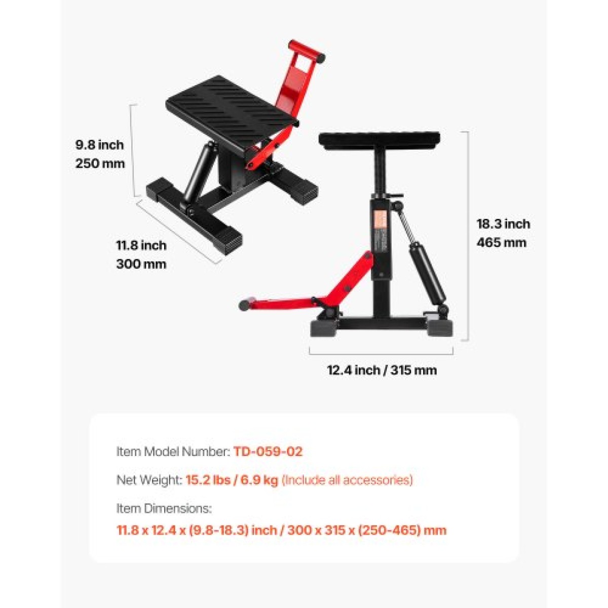 VEVOR Dirt Bike Lift Stand, Μοτοσικλέτα Jack Lift Stand χωρητικότητας 1200 lbs και λειτουργία υδραυλικής ανύψωσης, τραπέζι ανυψωτικού ρυθμιζόμενου ύψους 9,8"-18,3" για επισκευή Dirtbike, συντήρηση, αξεσουάρ Dirt Bike