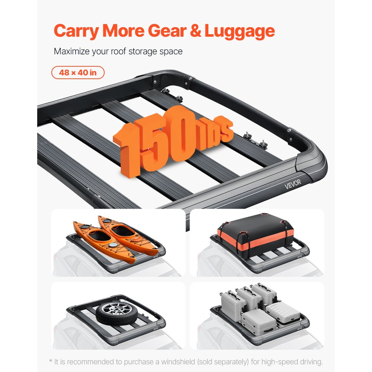 VEVOR Roof Rack Cargo Carrier, 48 x 40 x 5,6 ίντσες, Universal Rooftop Cargo Basket, Car Top Baggage Hogage with 150 lbs Max Load Capacity, 4,1 in Fence, Anti-Rust Alloy Steel, Wind Fairing, για SUV Car