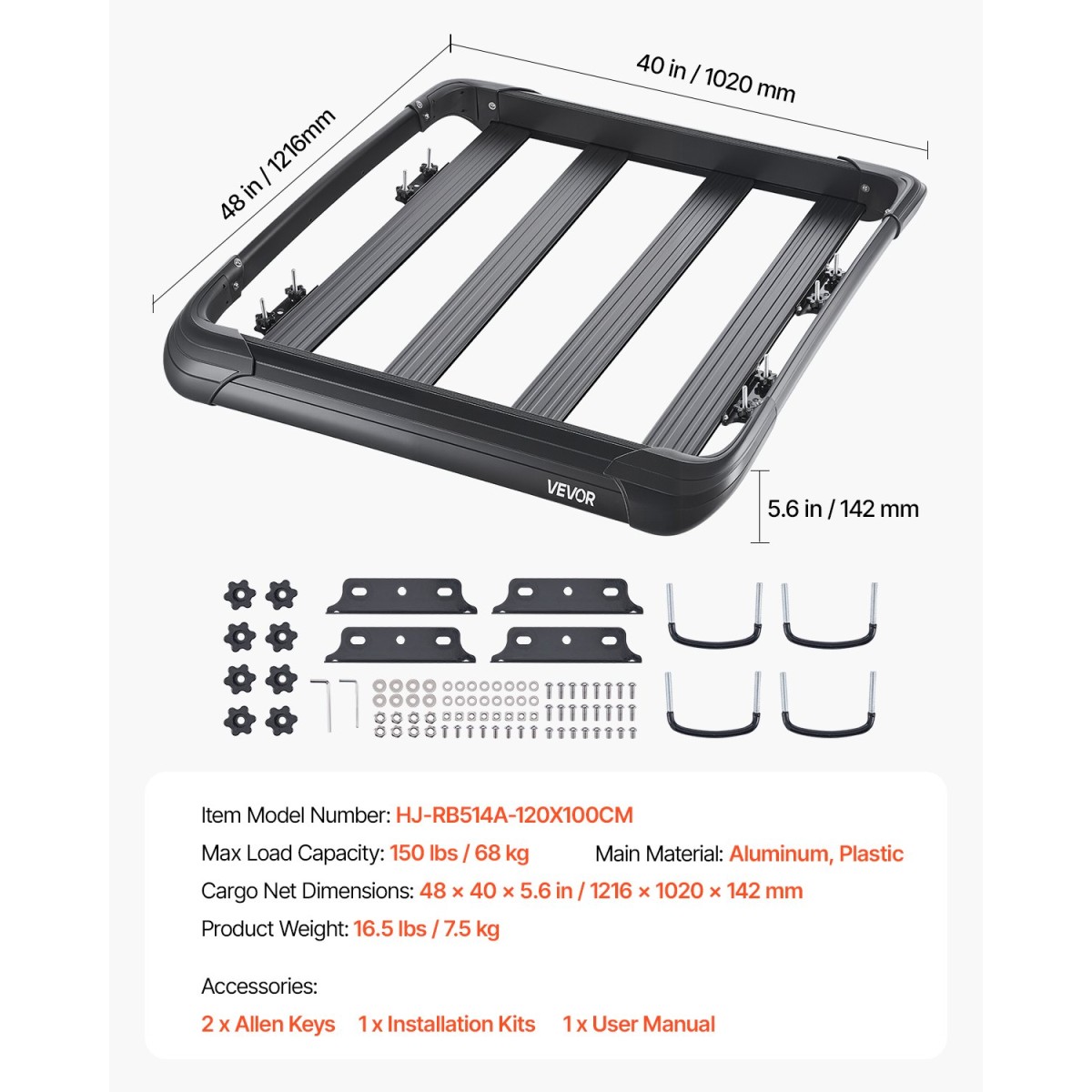 VEVOR Roof Rack Cargo Carrier, 48 x 40 x 5,6 ίντσες, Universal Rooftop Cargo Basket, Car Top Baggage Hogage with 150 lbs Max Load Capacity, 4,1 in Fence, Anti-Rust Alloy Steel, Wind Fairing, για SUV Car