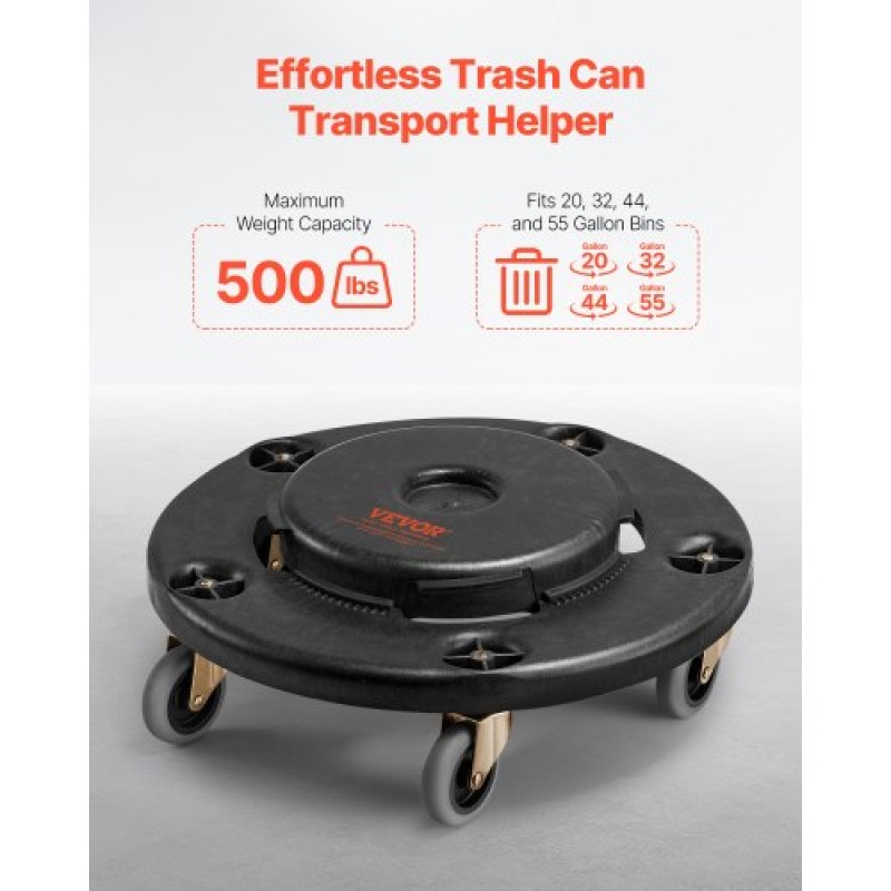 VEVOR Κάδος σκουπιδιών Dolly, Fit 20, 32, 44, 55 γαλόνια δοχεία, 2 πακέτα στρογγυλή βάση κυλινδρικού κάδου απορριμμάτων με 4 τροχούς που κλειδώνουν, βαρέλι βαρέλι βαρέως τύπου 500 λίβρες, πολυλειτουργικό τροχήλατο καρότσι