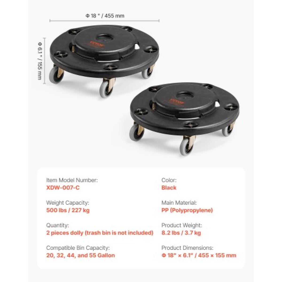 VEVOR Κάδος σκουπιδιών Dolly, Fit 20, 32, 44, 55 γαλόνια δοχεία, 2 πακέτα στρογγυλή βάση κυλινδρικού κάδου απορριμμάτων με 4 τροχούς που κλειδώνουν, βαρέλι βαρέλι βαρέως τύπου 500 λίβρες, πολυλειτουργικό τροχήλατο καρότσι