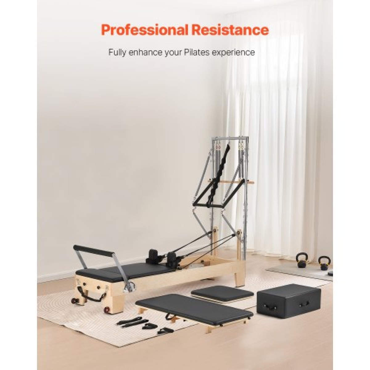 VEVOR Pilates Reformer, Ξύλινο μηχάνημα Pilates για Γυμναστήριο στο σπίτι, Εξοπλισμός προπόνησης δύναμης με διπλή αντίσταση, Reformer Box, Jump Board, για προχωρημένους χρήστες και αρχάριους, έως 400 LBS