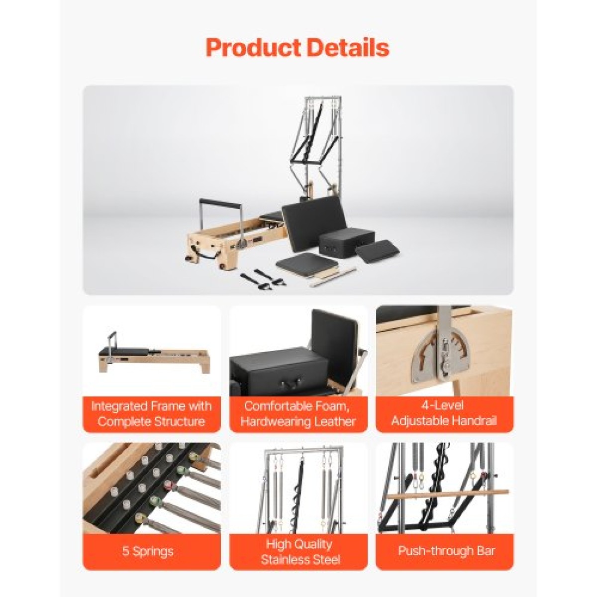 VEVOR Pilates Reformer, Ξύλινο μηχάνημα Pilates για Γυμναστήριο στο σπίτι, Εξοπλισμός προπόνησης δύναμης με διπλή αντίσταση, Reformer Box, Jump Board, για προχωρημένους χρήστες και αρχάριους, έως 400 LBS