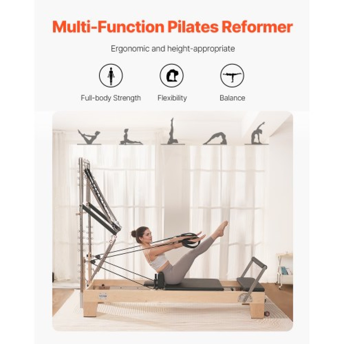 VEVOR Pilates Reformer, Ξύλινο μηχάνημα Pilates για Γυμναστήριο στο σπίτι, Εξοπλισμός προπόνησης δύναμης με διπλή αντίσταση, Reformer Box, Jump Board, για προχωρημένους χρήστες και αρχάριους, έως 400 LBS