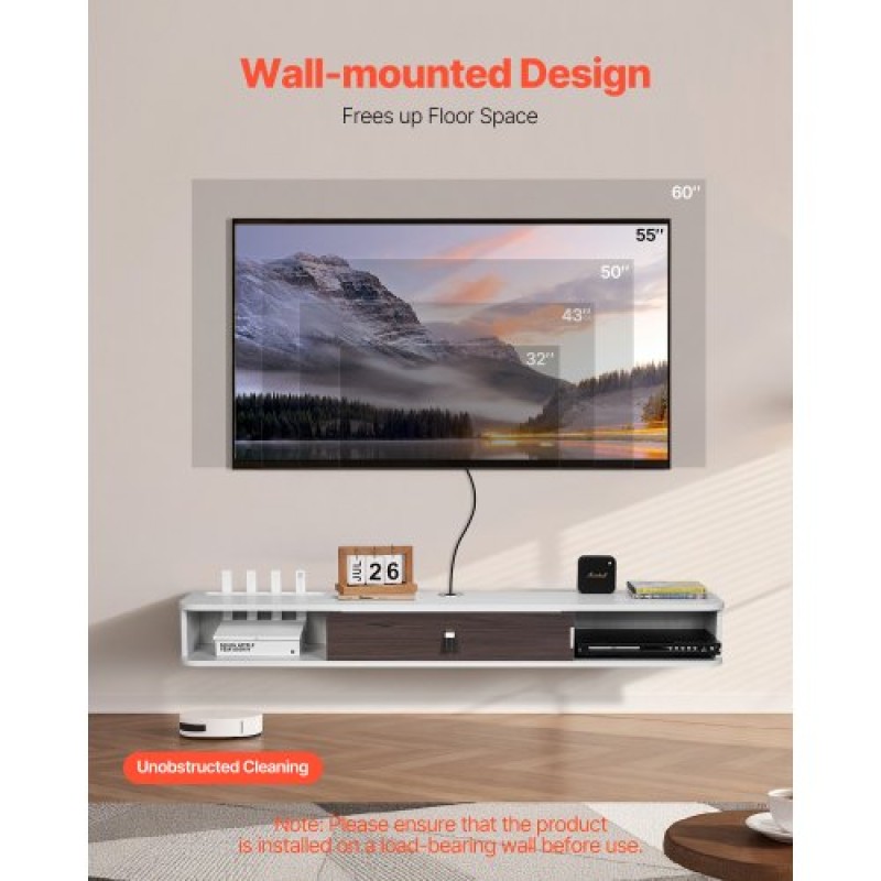 Πλωτή βάση τηλεόρασης VEVOR, 55 in Wall Mount Entertainment Center με τρύπα καλωδίου, μοντέρνο πλωτό ράφι τηλεόρασης με ντουλάπι αποθήκευσης, μοριοσανίδα κονσόλα για συσκευή αναπαραγωγής DVD, καλωδιακό κουτί, κονσόλα παιχνιδιών, λευκό