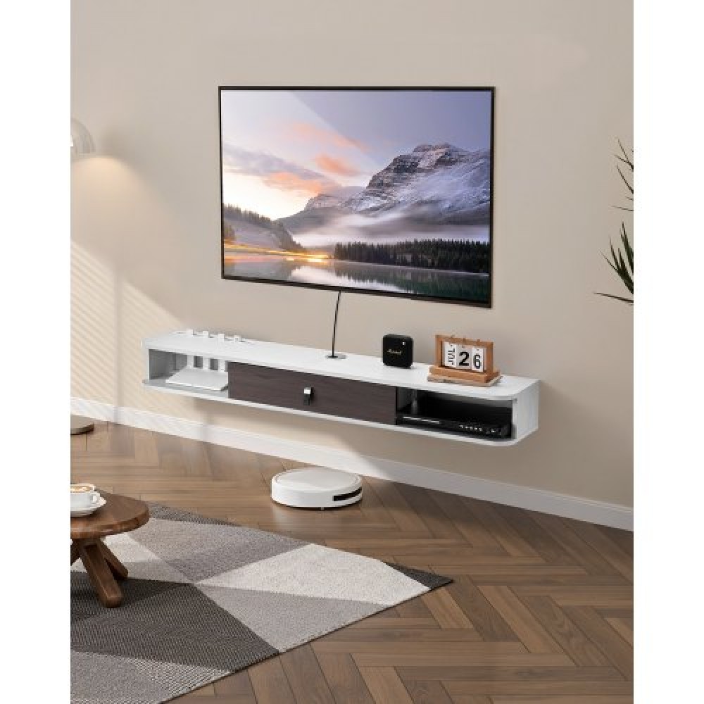 Πλωτή βάση τηλεόρασης VEVOR, 55 in Wall Mount Entertainment Center με τρύπα καλωδίου, μοντέρνο πλωτό ράφι τηλεόρασης με ντουλάπι αποθήκευσης, μοριοσανίδα κονσόλα για συσκευή αναπαραγωγής DVD, καλωδιακό κουτί, κονσόλα παιχνιδιών, λευκό