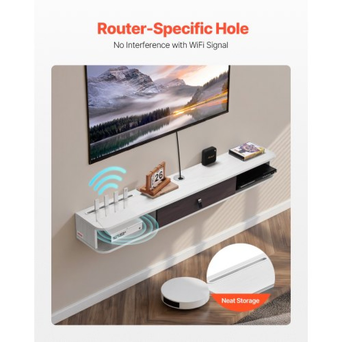 Πλωτή βάση τηλεόρασης VEVOR, 55 in Wall Mount Entertainment Center με τρύπα καλωδίου, μοντέρνο πλωτό ράφι τηλεόρασης με ντουλάπι αποθήκευσης, μοριοσανίδα κονσόλα για συσκευή αναπαραγωγής DVD, καλωδιακό κουτί, κονσόλα παιχνιδιών, λευκό