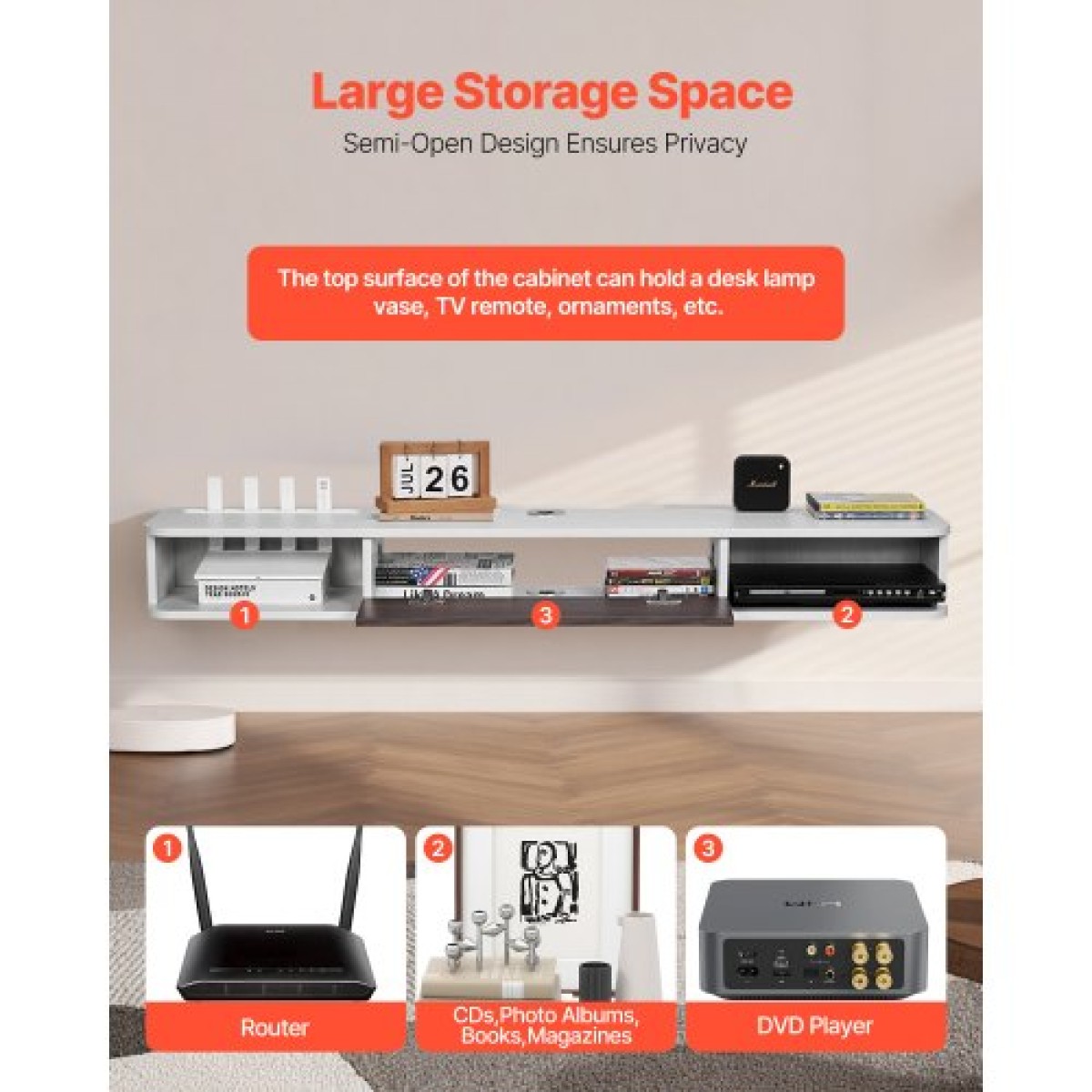 Πλωτή βάση τηλεόρασης VEVOR, 55 in Wall Mount Entertainment Center με τρύπα καλωδίου, μοντέρνο πλωτό ράφι τηλεόρασης με ντουλάπι αποθήκευσης, μοριοσανίδα κονσόλα για συσκευή αναπαραγωγής DVD, καλωδιακό κουτί, κονσόλα παιχνιδιών, λευκό