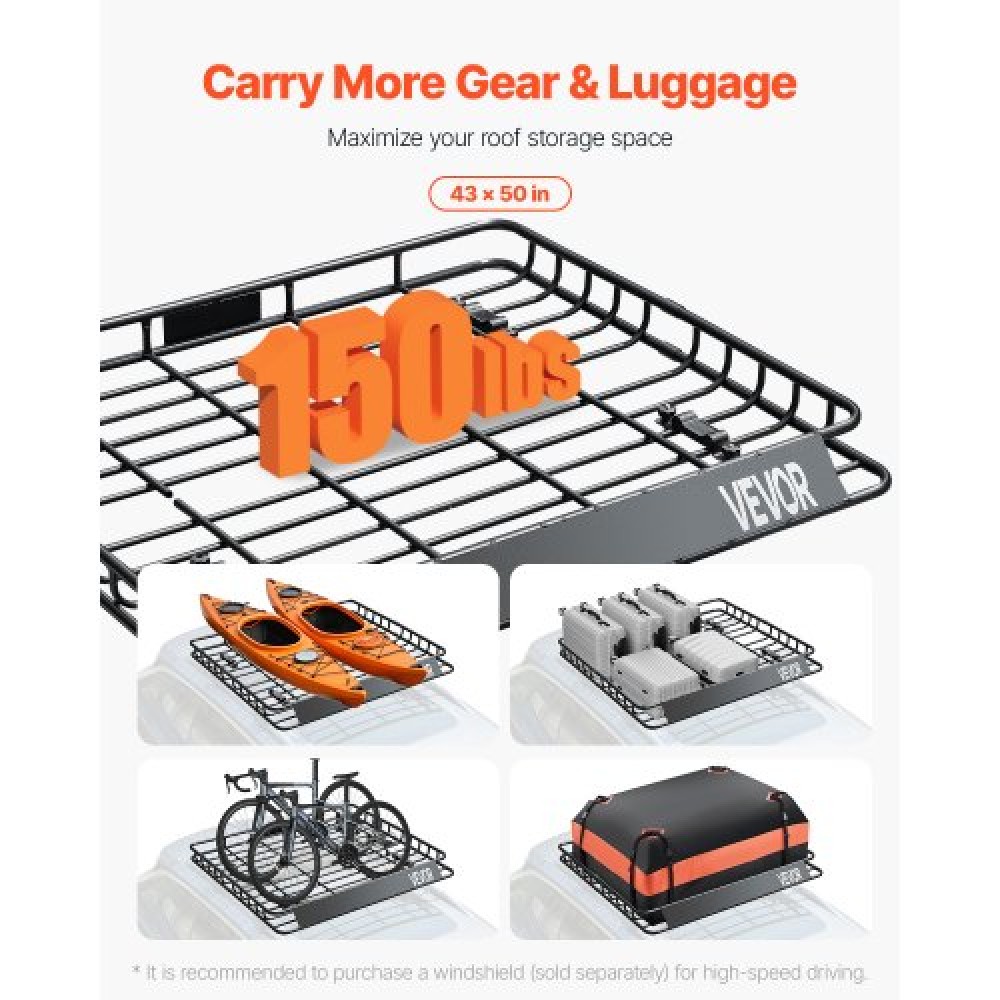 Σχάρα οροφής VEVOR Cargo Carrier, 43 x 50 x 4,1 ίντσες, Universal Rooftop Cargo Basket, Car Top Baggage Holiday with 150 lbs Max Load Capacity, 4,1 in Fence, Anti-Rust Alloy Steel, Wind Fairing, για SUV Car
