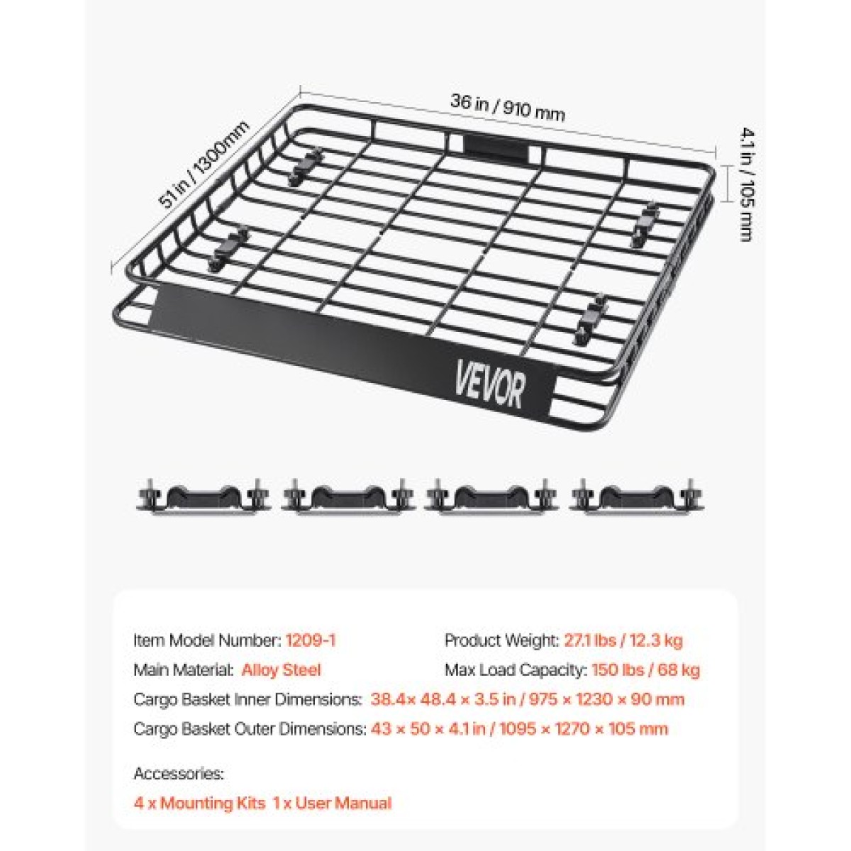 Σχάρα οροφής VEVOR Cargo Carrier, 43 x 50 x 4,1 ίντσες, Universal Rooftop Cargo Basket, Car Top Baggage Holiday with 150 lbs Max Load Capacity, 4,1 in Fence, Anti-Rust Alloy Steel, Wind Fairing, για SUV Car