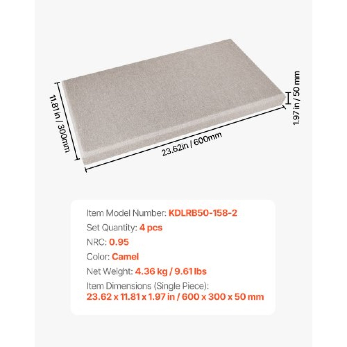 VEVOR 4 ΤΕΜ Ακουστικά πάνελ, 2 ιντσών πάχους 23,6 x 11,8 ιντσών Ηχοαπορροφητικά πάνελ από υαλοβάμβακα, αυτοκόλλητες ηχομονωτικές σανίδες τοίχου, για στούντιο, γραφείο, οικιακό κινηματογράφο, αίθουσα συσκέψεων, Camel