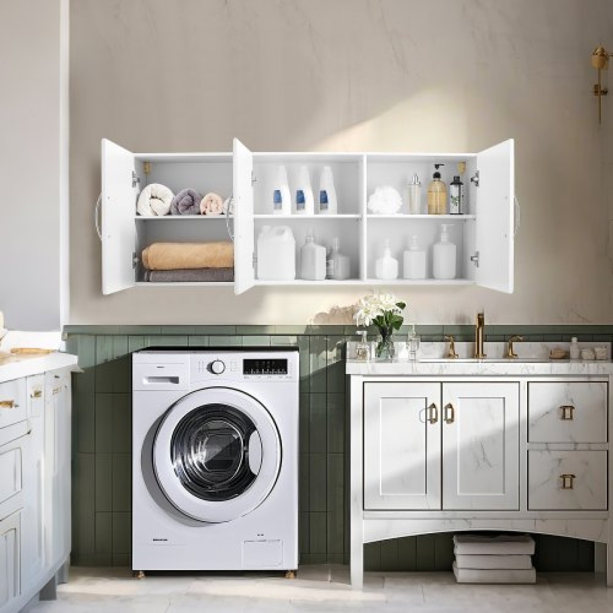 Ντουλάπι τοίχου VEVOR Laundry Room, Κρεμαστό ντουλάπι τοίχου 2 επιπέδων με 3 πόρτες, οργάνωση ντουλαπιών με ρυθμιζόμενο ράφι, για κουζίνα, γκαράζ, πλυντήριο, 12,44 x 54 x 20,31 ίντσες (Β x Π x Υ), Λευκό