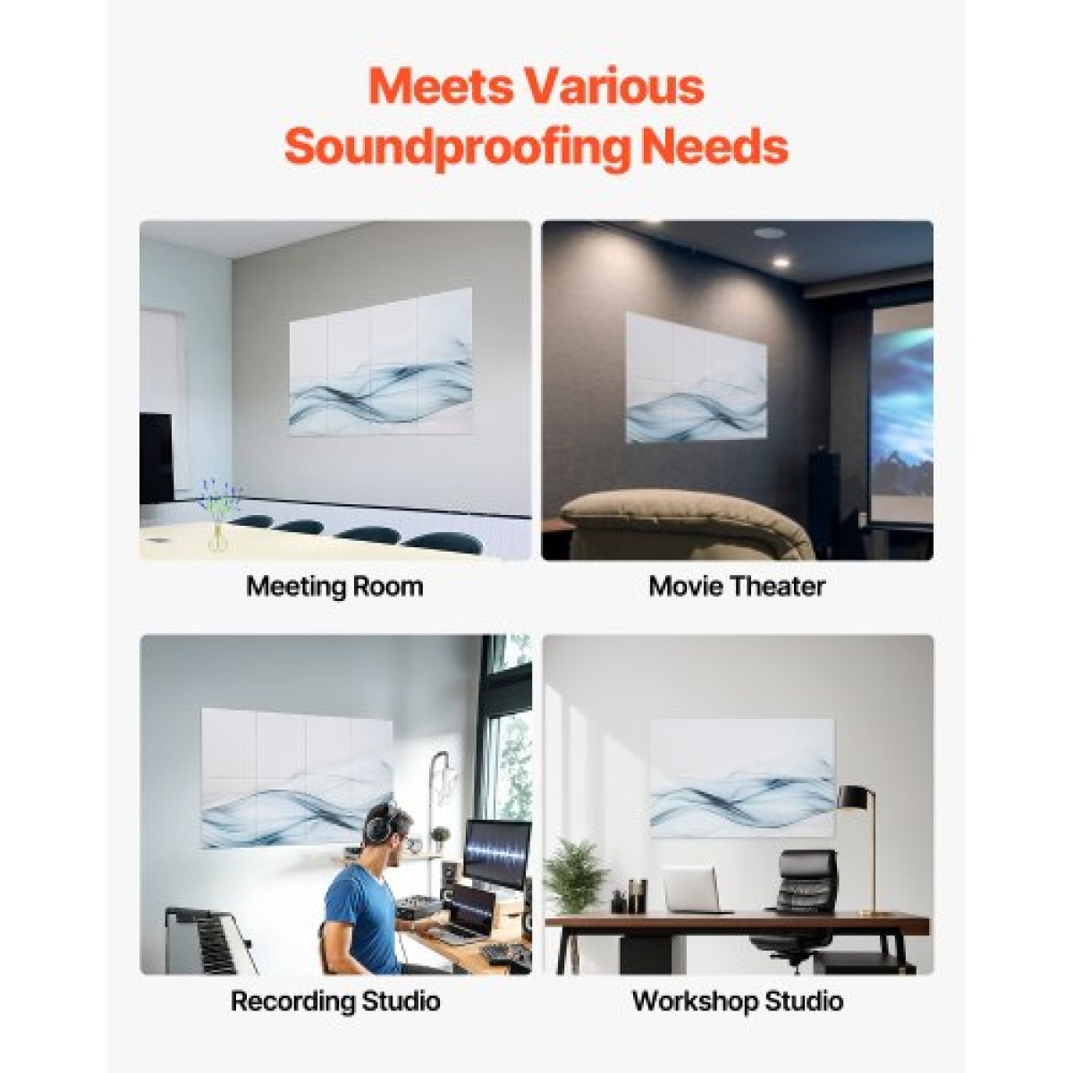VEVOR 8 Pack Art Acoustic Panels, 47,24 x 23,62 x 0,4 ιντσών ηχομονωτικά πλακάκια τοίχου, Αυτοκόλλητες διακοσμητικές ηχοαπορροφητικές σανίδες για σπίτι, γραφείο, στούντιο, αίθουσα παιχνιδιών, θέατρο, απλότητα