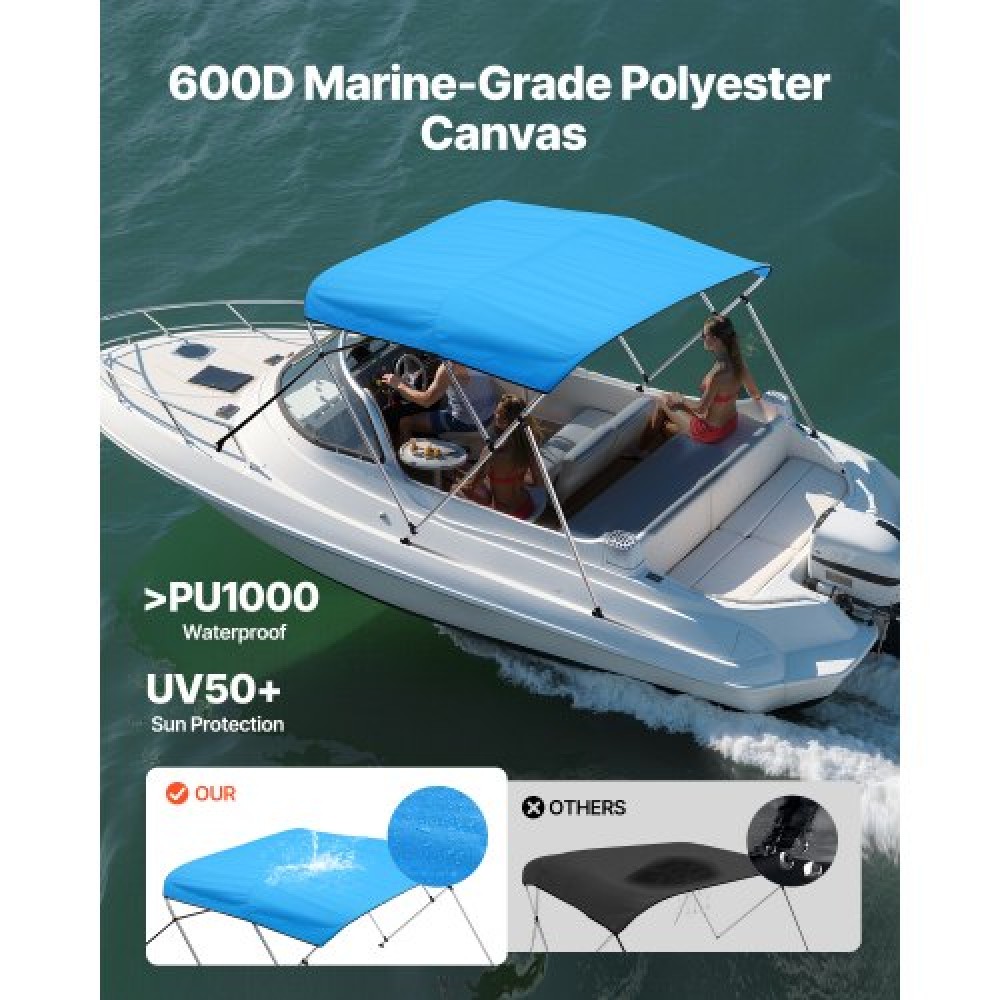 VEVOR 3 Bow Boat Bimini Tops, 600D Polyester Canopy με σκελετό από κράμα αλουμινίου, Αδιάβροχο & Sun Shade σκίαστρο σκάφος με τσάντα αποθήκευσης, 2 κοντάρια στήριξης, 4 ιμάντες, 72"Lx(79"-84")Wx46"H, Pacific Blue
