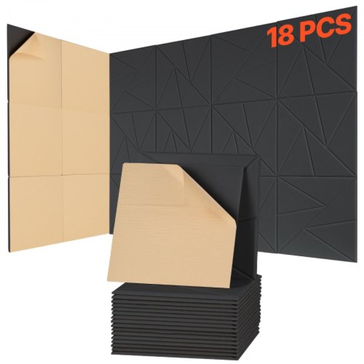 VEVOR 18 Pack Ακουστικά πάνελ με αυτοκόλλητο, 11,8 x 11,8 x 0,4 ιντσών ηχομονωτικά πάνελ αφρού, πολυεστερικές ίνες ηχομονωτικά πάνελ τοίχου υψηλής πυκνότητας, για σπίτι, στούντιο, γραφείο, θέατρο, μαύρο