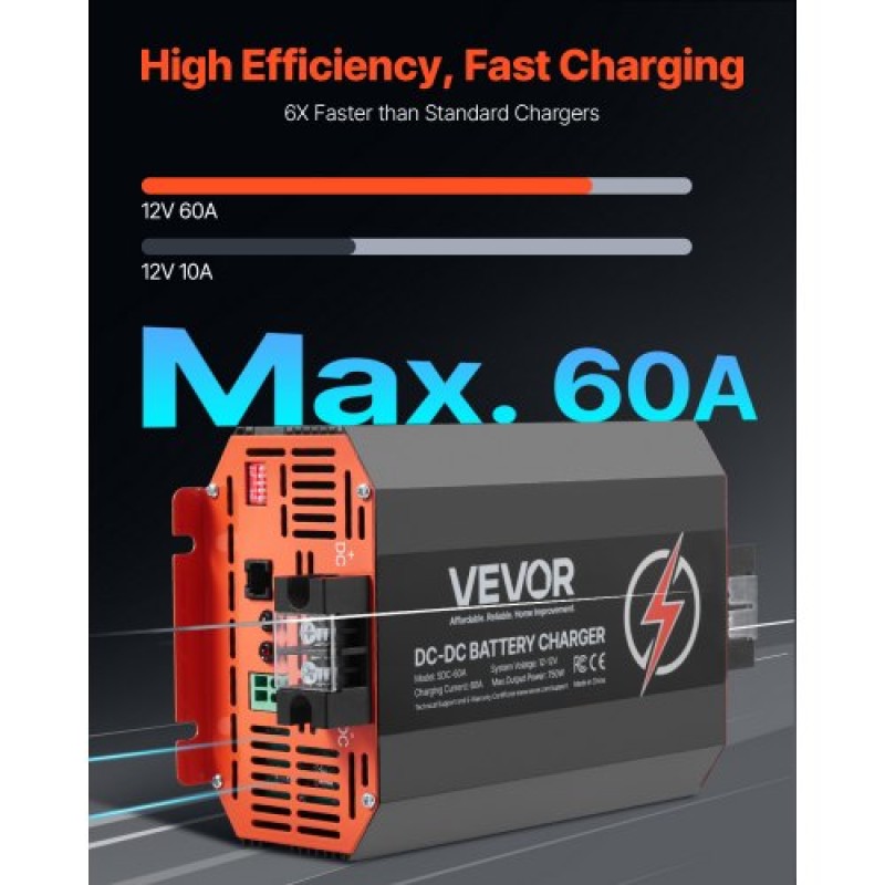 VEVOR 12V 60A DC to DC φορτιστής μπαταριών, 750W, φορτιστής μπαταρίας ενσωματωμένος για μπαταρίες μολύβδου-οξέος, λιθίου, AGM, GEL και πλημμυρισμένες μπαταρίες, Έξυπνη φόρτιση πολλαπλών σταδίων, για RV, επαγγελματικά οχήματα, σκάφη, σκάφη