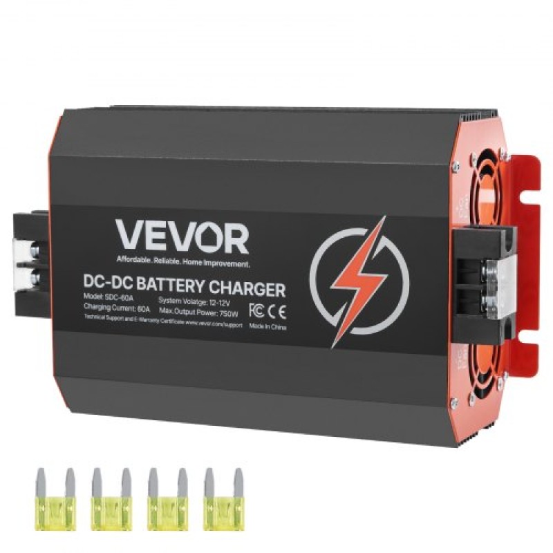 VEVOR 12V 60A DC to DC φορτιστής μπαταριών, 750W, φορτιστής μπαταρίας ενσωματωμένος για μπαταρίες μολύβδου-οξέος, λιθίου, AGM, GEL και πλημμυρισμένες μπαταρίες, Έξυπνη φόρτιση πολλαπλών σταδίων, για RV, επαγγελματικά οχήματα, σκάφη, σκάφη