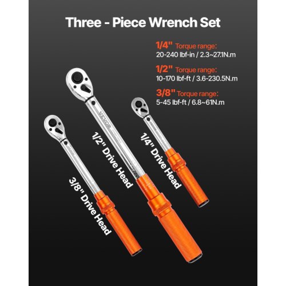 Σετ κλειδιών VEVOR Click Torque, 3 τεμάχια, 1/4, 3/8, 1/2 ίντσας μετάδοσης κίνησης, 10-170 lbf-ft, 5-45 lbf-ft, 20-240 lbf-in, ζυγαριές διπλής κατεύθυνσης και διπλού εύρους, 72-Tooth% Precycle, ±3