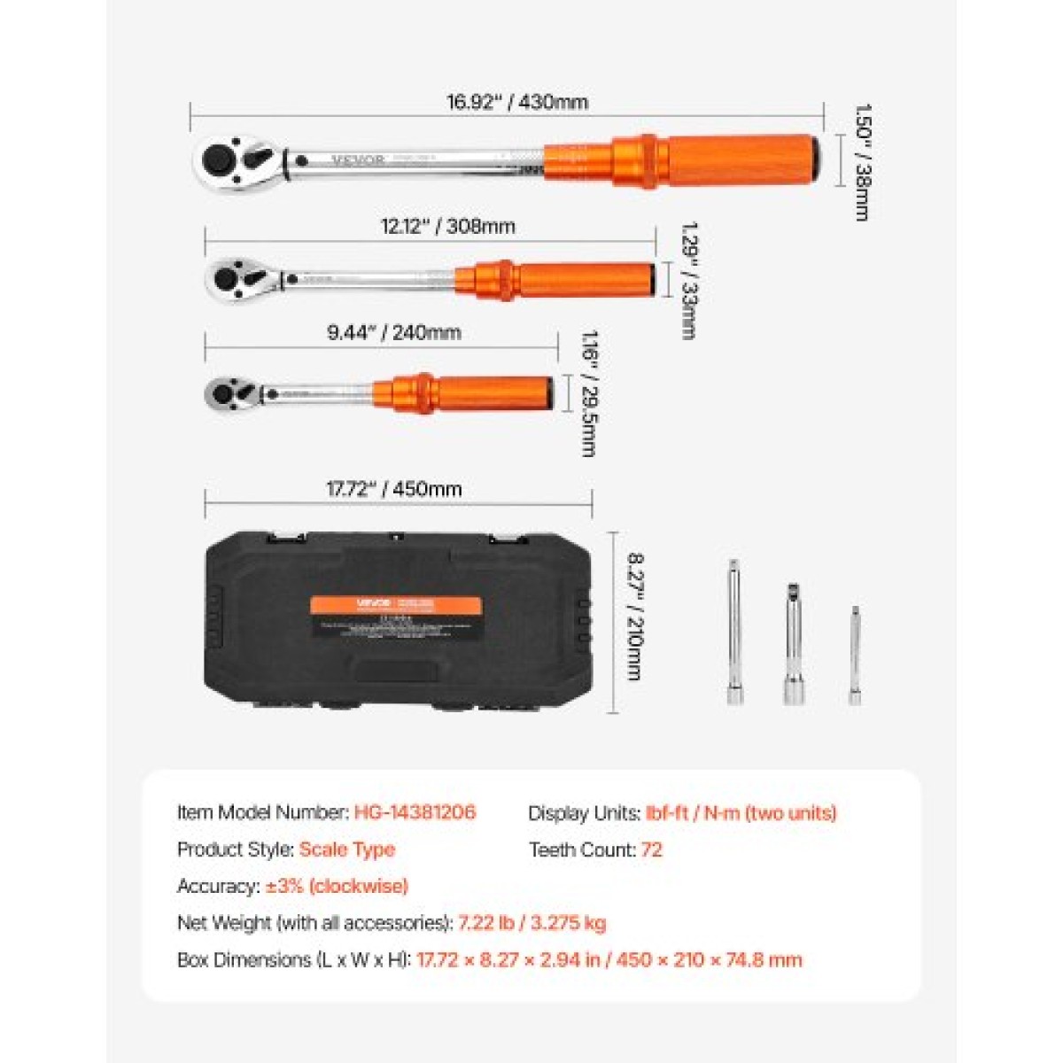 Σετ κλειδιών VEVOR Click Torque, 3 τεμάχια, 1/4, 3/8, 1/2 ίντσας μετάδοσης κίνησης, 10-170 lbf-ft, 5-45 lbf-ft, 20-240 lbf-in, ζυγαριές διπλής κατεύθυνσης και διπλού εύρους, 72-Tooth% Precycle, ±3