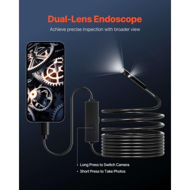 Κάμερα ενδοσκοπίου VEVOR με φως, Borescope με διπλό φακό για Android & IOS, κάμερα επιθεώρησης HD 1920P με φως LED 8 + 1, ζουμ 2X, καλώδιο Snake 5m, IP67 αδιάβροχη κάμερα Snake για αυτοκίνητα, υδραυλικά