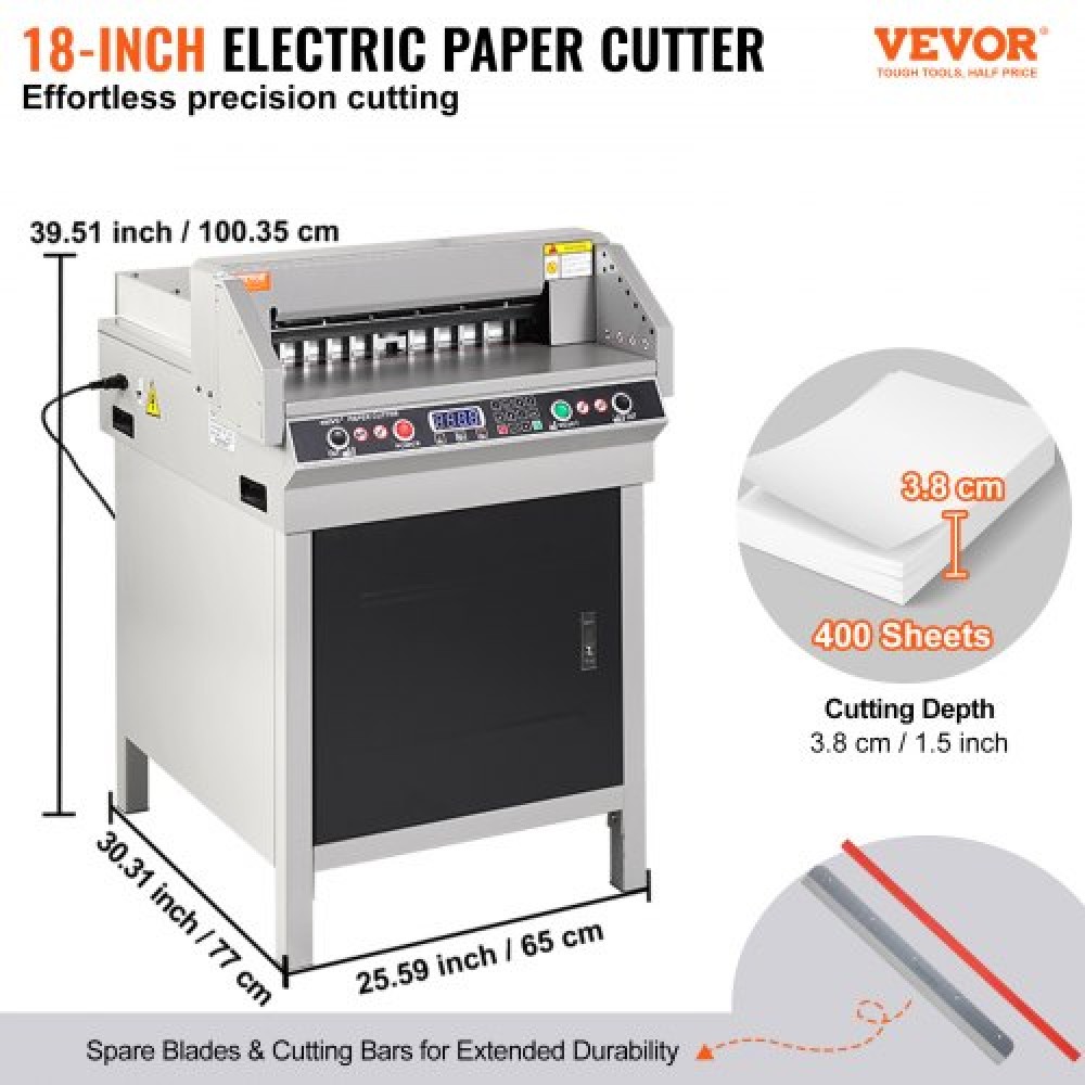 VEVOR Electric Hydraulic Paper Cutter, Heavy Duty Paper Cutter Machine, 1,57 in / 40 mm Πάχος κοπής, 18 in / 457,2 mm Πλάτος κοπής, Βιομηχανική μηχανή κοπής χαρτιού με χειριστήριο κουμπιού