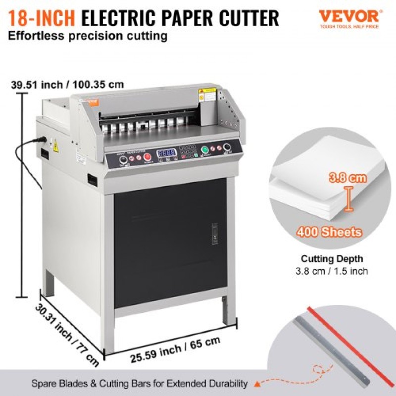 VEVOR Electric Hydraulic Paper Cutter, Heavy Duty Paper Cutter Machine, 1,57 in / 40 mm Πάχος κοπής, 18 in / 457,2 mm Πλάτος κοπής, Βιομηχανική μηχανή κοπής χαρτιού με χειριστήριο κουμπιού
