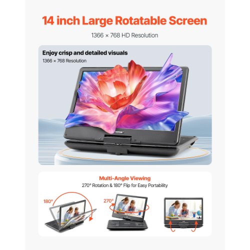 VEVOR Portable DVD Player, 14 inch HD Swivel Display Screen, 4.5-5 Hours Built-in Rechargeable Battery, Dual Speakers, Support Sync TV/USB/SD Card/CD/DVD, Car Charger, AC Power Adapter, Remote Control
