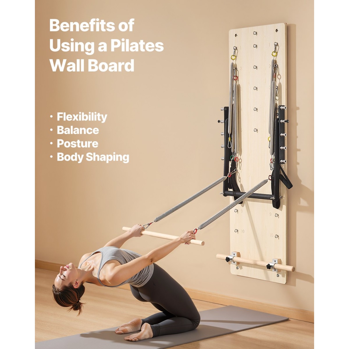 VEVOR Επιτοίχιο μηχάνημα Pilates Reformer, Εφαλτήριο Maple Wood Pilates, Εξοπλισμός γυμναστικής με ελατήρια αντίστασης, γυμναστής γιόγκα, κατάλληλος για ισορροπία ευελιξίας, γυμναστική στο σπίτι στο σπίτι