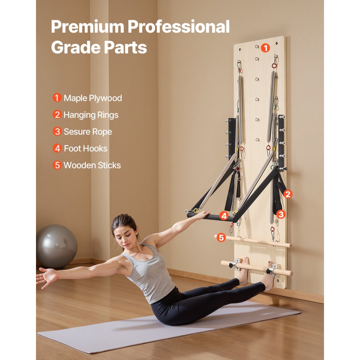VEVOR Επιτοίχιο μηχάνημα Pilates Reformer, Εφαλτήριο Maple Wood Pilates, Εξοπλισμός γυμναστικής με ελατήρια αντίστασης, γυμναστής γιόγκα, κατάλληλος για ισορροπία ευελιξίας, γυμναστική στο σπίτι στο σπίτι