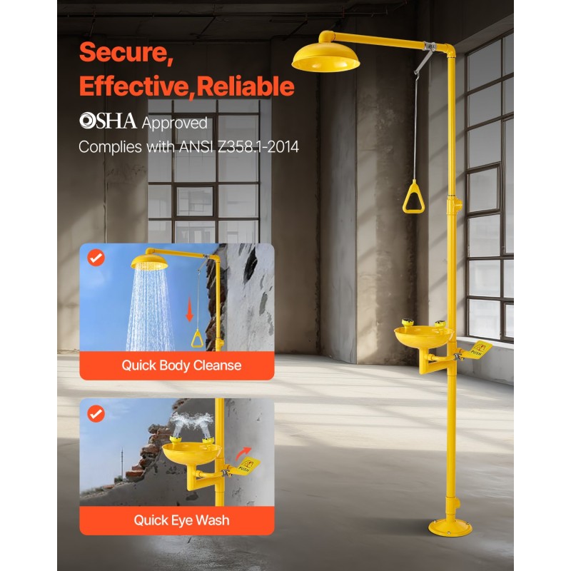 VEVOR Emergency Shower Eye Wash Station, 870x400x2330 mm 304 από ανοξείδωτο χάλυβα Συνδυασμός πλυσίματος ματιών και ντους, Εγκεκριμένος από τον OSHA Σταθμός πλύσης ματιών πρώτων βοηθειών, για σχολεία, εργαστήρια, εργοστάσια, κίτρινο