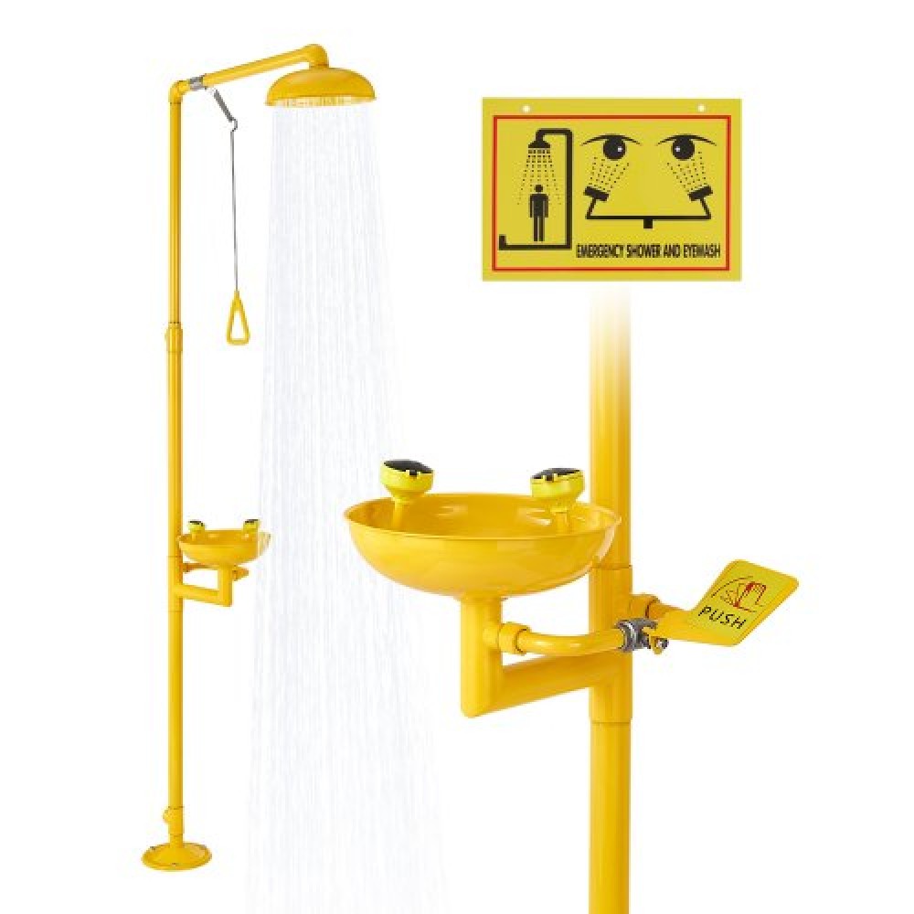 VEVOR Emergency Shower Eye Wash Station, 870x400x2330 mm 304 από ανοξείδωτο χάλυβα Συνδυασμός πλυσίματος ματιών και ντους, Εγκεκριμένος από τον OSHA Σταθμός πλύσης ματιών πρώτων βοηθειών, για σχολεία, εργαστήρια, εργοστάσια, κίτρινο