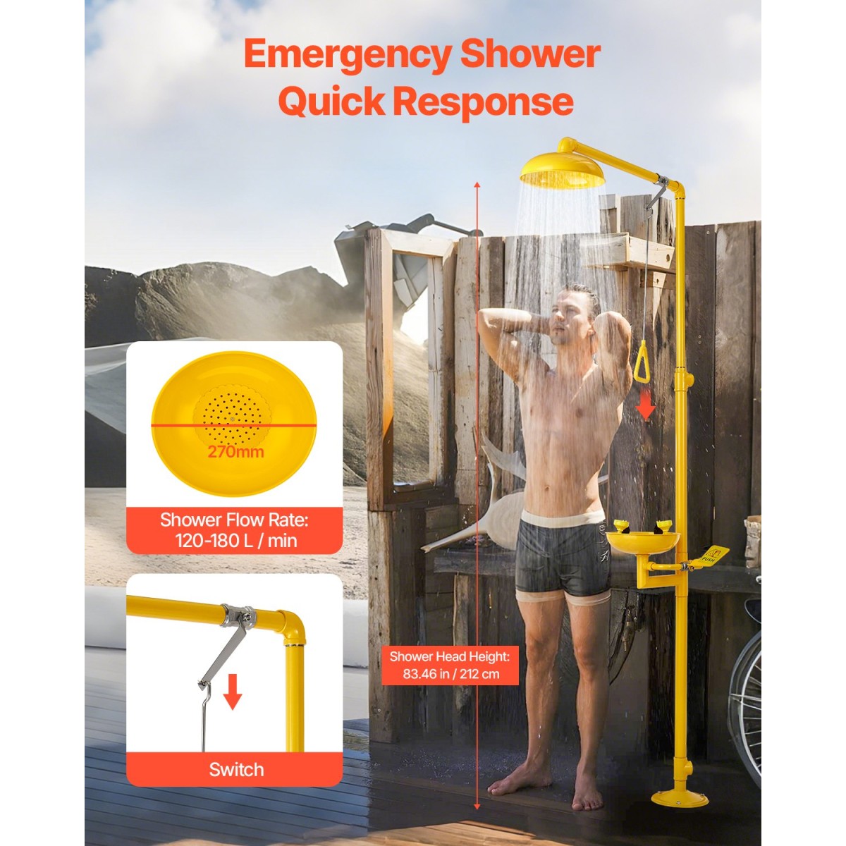 VEVOR Emergency Shower Eye Wash Station, 870x400x2330 mm 304 από ανοξείδωτο χάλυβα Συνδυασμός πλυσίματος ματιών και ντους, Εγκεκριμένος από τον OSHA Σταθμός πλύσης ματιών πρώτων βοηθειών, για σχολεία, εργαστήρια, εργοστάσια, κίτρινο