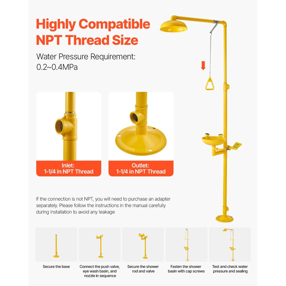 VEVOR Emergency Shower Eye Wash Station, 870x400x2330 mm 304 από ανοξείδωτο χάλυβα Συνδυασμός πλυσίματος ματιών και ντους, Εγκεκριμένος από τον OSHA Σταθμός πλύσης ματιών πρώτων βοηθειών, για σχολεία, εργαστήρια, εργοστάσια, κίτρινο