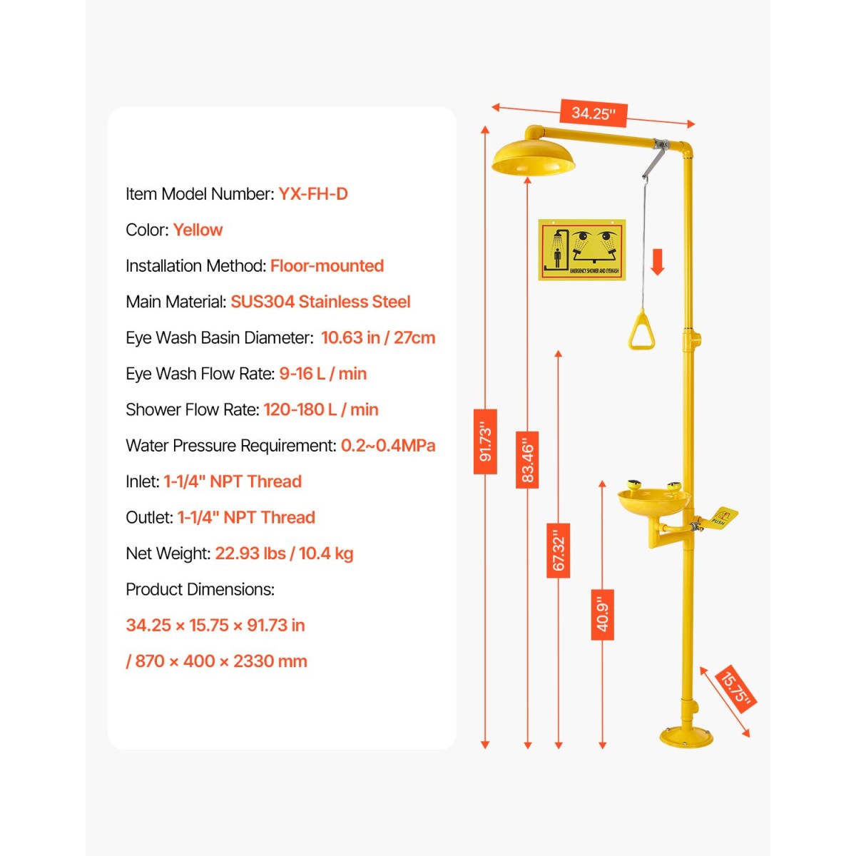 VEVOR Emergency Shower Eye Wash Station, 870x400x2330 mm 304 από ανοξείδωτο χάλυβα Συνδυασμός πλυσίματος ματιών και ντους, Εγκεκριμένος από τον OSHA Σταθμός πλύσης ματιών πρώτων βοηθειών, για σχολεία, εργαστήρια, εργοστάσια, κίτρινο