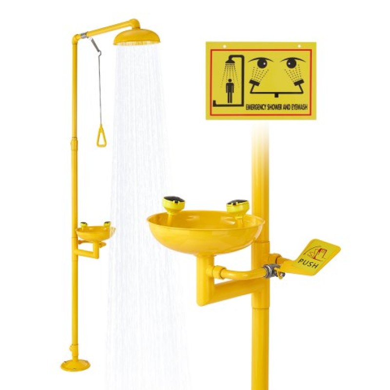 VEVOR Emergency Shower Eye Wash Station, 870x400x2330 mm 304 από ανοξείδωτο χάλυβα Συνδυασμός πλυσίματος ματιών και ντους, Εγκεκριμένος από τον OSHA Σταθμός πλύσης ματιών πρώτων βοηθειών, για σχολεία, εργαστήρια, εργοστάσια, κίτρινο