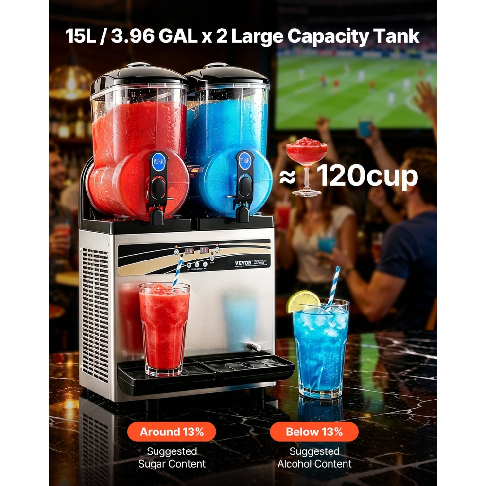 VEVOR Commercial Frozen Drink Maker, 15Lx2 Double Tank Slushy Machine, 120 Cups Stainless Steel Margarita Smoothie Frozen Drink Machine, Slushie Maker for Home Party Restaurants Cafe Bar
