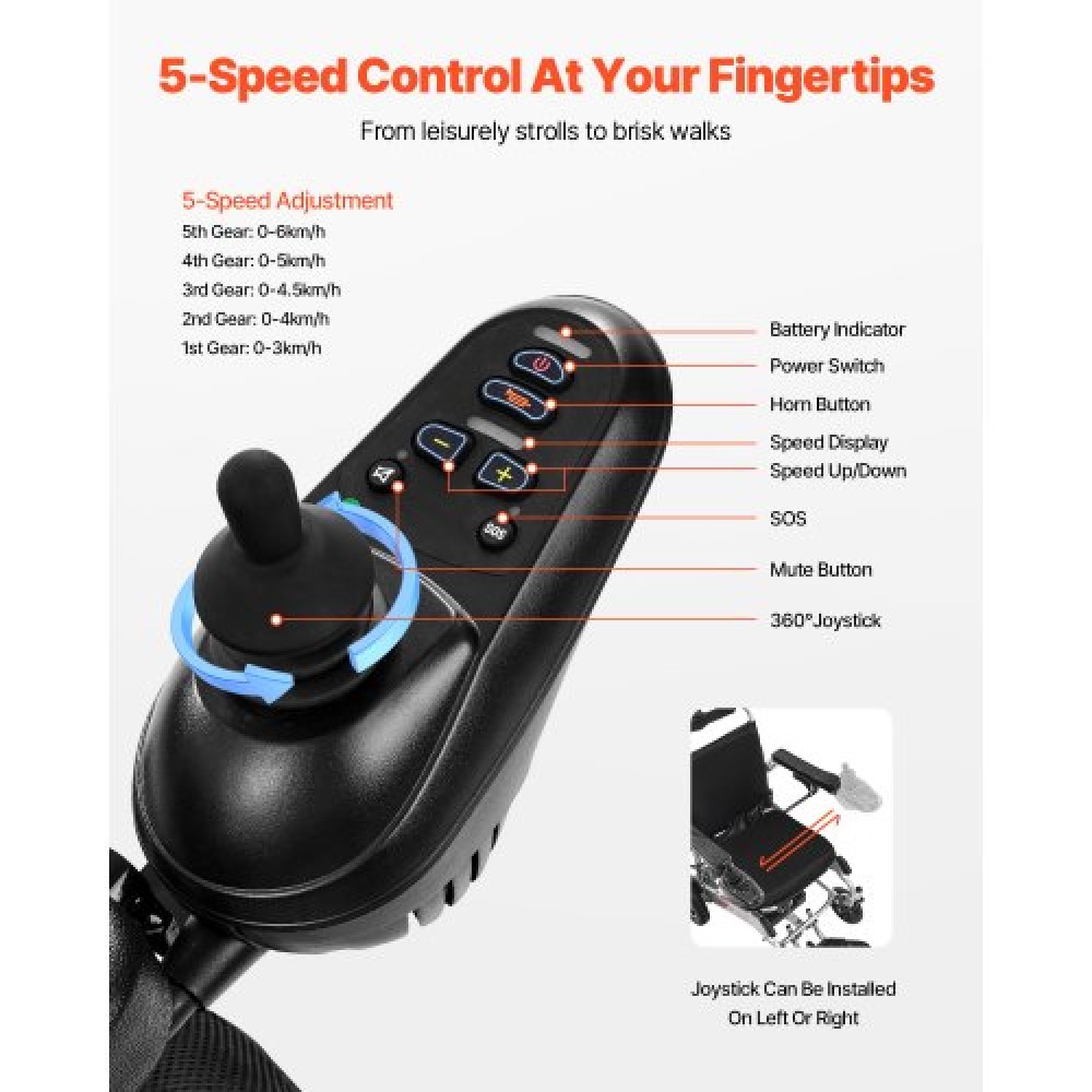 VEVOR Electric Wheelchair 136kg Capacity Adjustable Backrest Foldable 21km