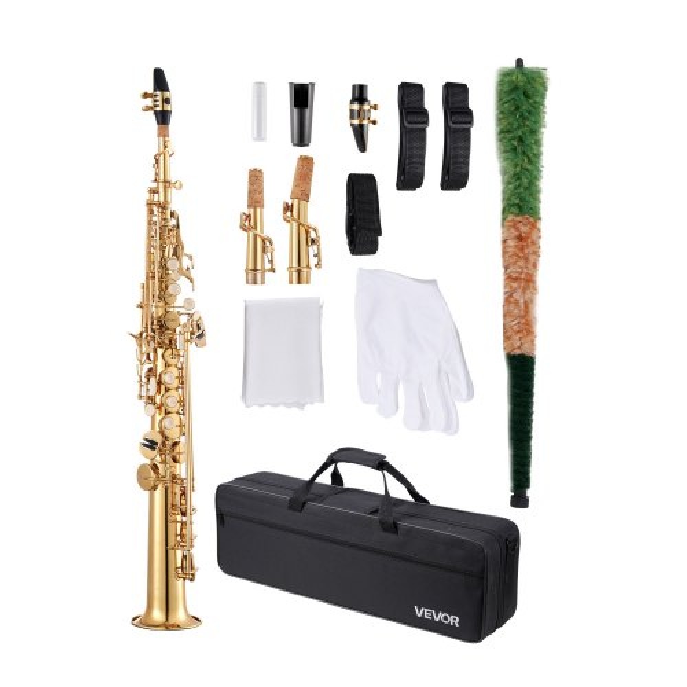 VEVOR Gold Brass Straight Soprano Saxophone B Flat Sax with Case Mouthpiece