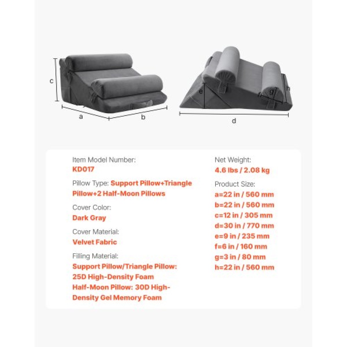 VEVOR Wedge μαξιλάρι για ύπνο, 4 τμχ Ρυθμιζόμενο ορθοπεδικό σετ σφηνοειδούς κρεβατιού, ώμο στήριξης βραχιόνων ποδιών, μαξιλάρι μετά την επέμβαση για πόνο στην πλάτη, παλινδρόμηση οξέος, ανακούφιση από το ροχαλητό, όρθιοι στο κρεβάτι, σκούρο γκρι