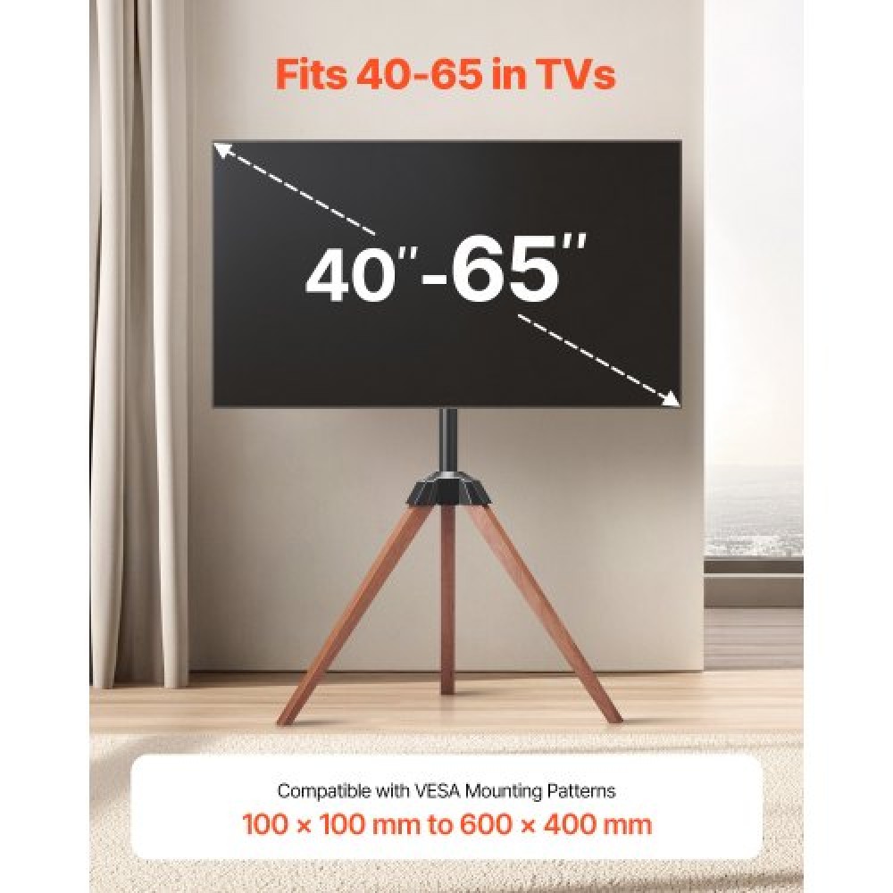 VEVOR Tripod Easel TV Stand, για τηλεοράσεις επίπεδης οθόνης 40-65 ιντσών έως 99 λίβρες, φορητή βάση τηλεόρασης με περιστροφή 18° αριστερά-δεξιά με πόδια από ξύλο δρυός, για υπνοδωμάτιο, σαλόνι, στούντιο, MAX VESA 600 x 400 mm